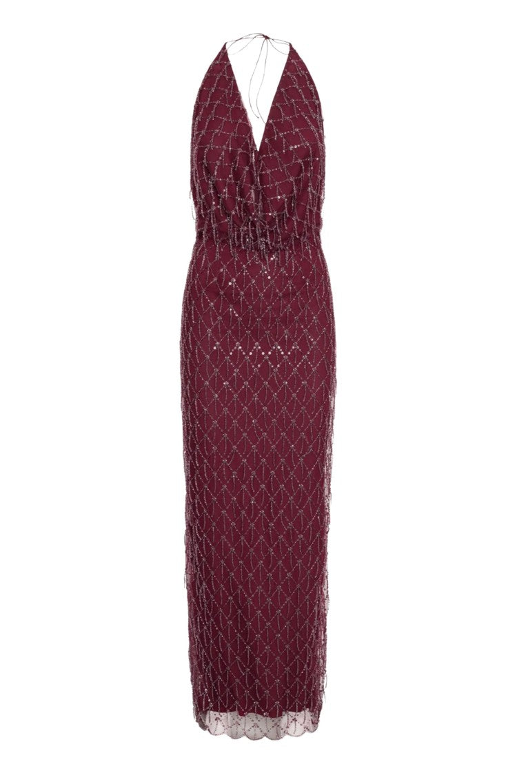Rotate Red Sequined Halterneck Open Back Long Dress