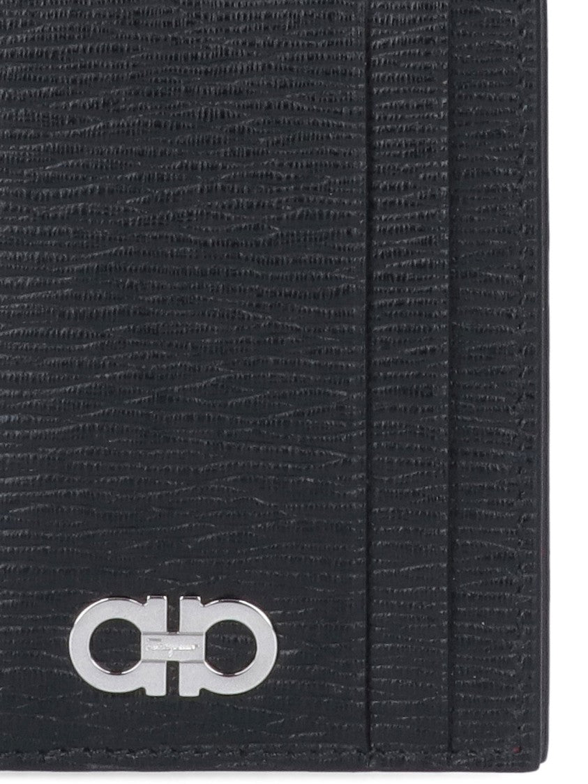 Ferragamo Black Gancini Pebbled Leather Bi-Fold Wallet