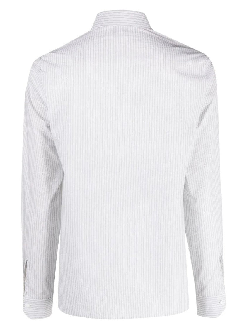 Eleventy Green Classic Vertical Stripe Cotton-Blend Long-Sleeve Shirt