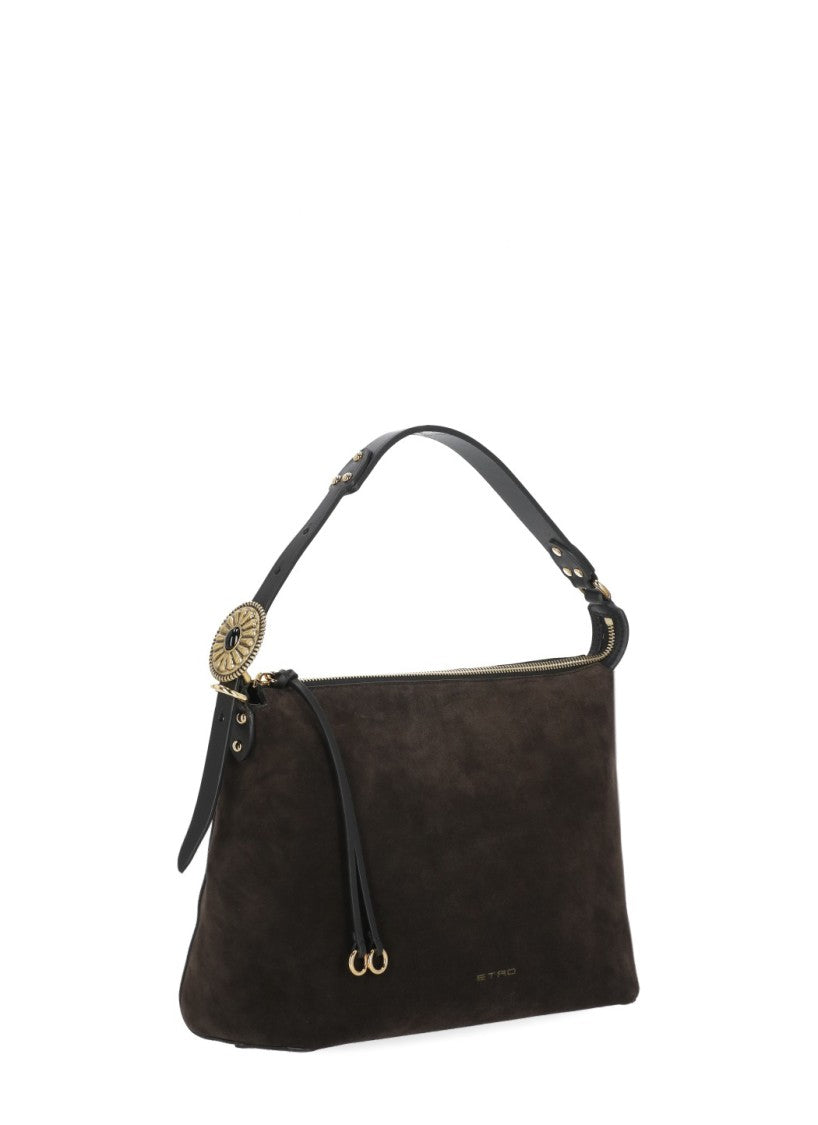Etro Suede Shoulder Bag With Gold Accents And Adjustable Handle