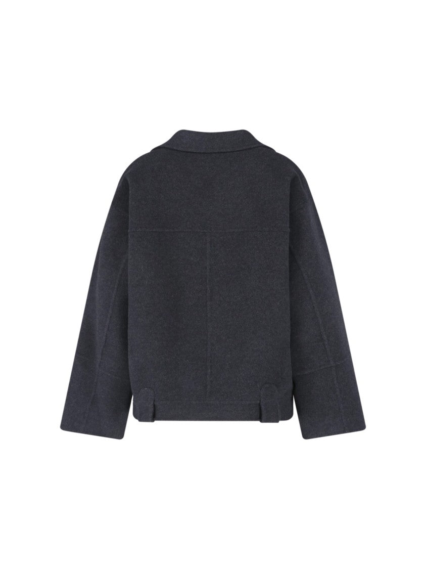 Khaite Textured Grey Wool Jacket With Classic Lapel And Belted Waist