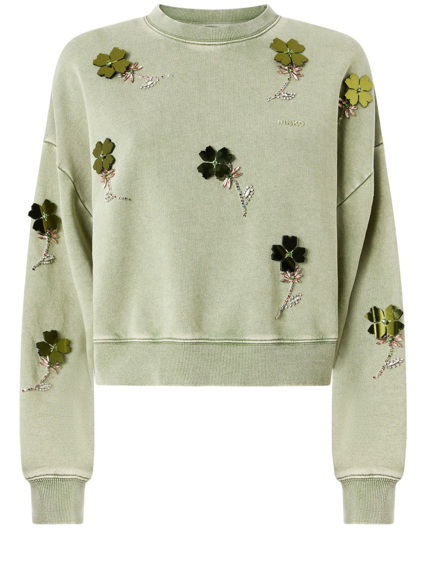 Pinko Cotton Sweatshirt With Jeweled Flowers