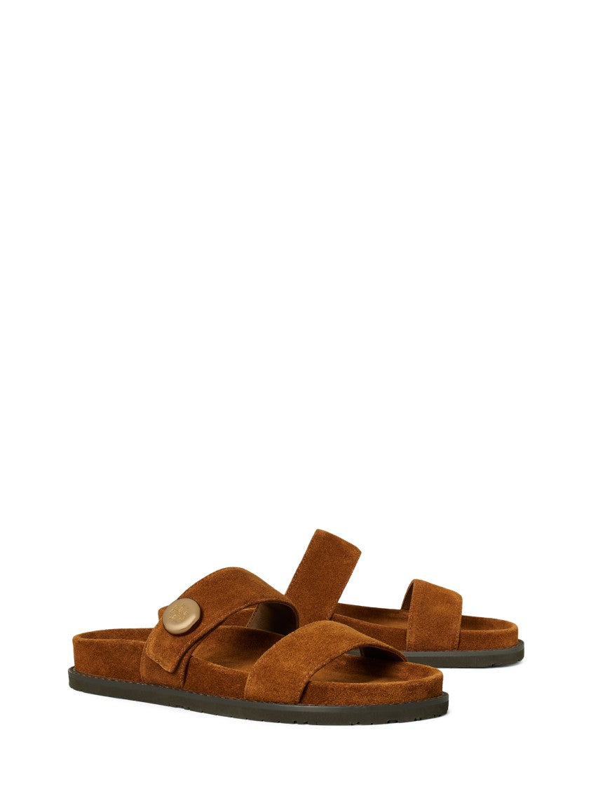 Tory Burch Flat Suede Slide Shoes With Button Detail