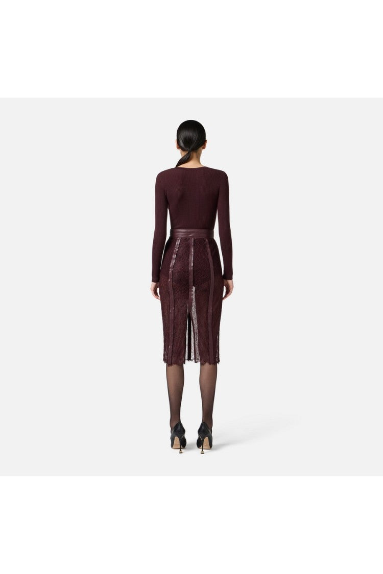 Elisabetta Franchi Merlot Ribbed V-Neck Lyocell-Blend Sweater