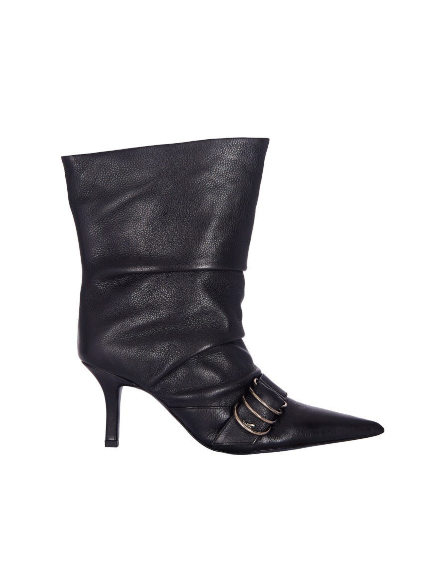 Patrizia Pepe Asymmetrical Black Leather Boots With Front Buckle Detail