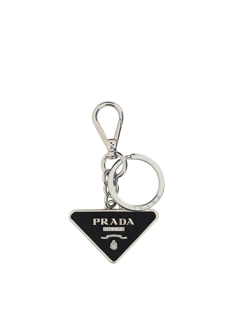 Prada Textured Leather Keyring With Metallic Logo Plate