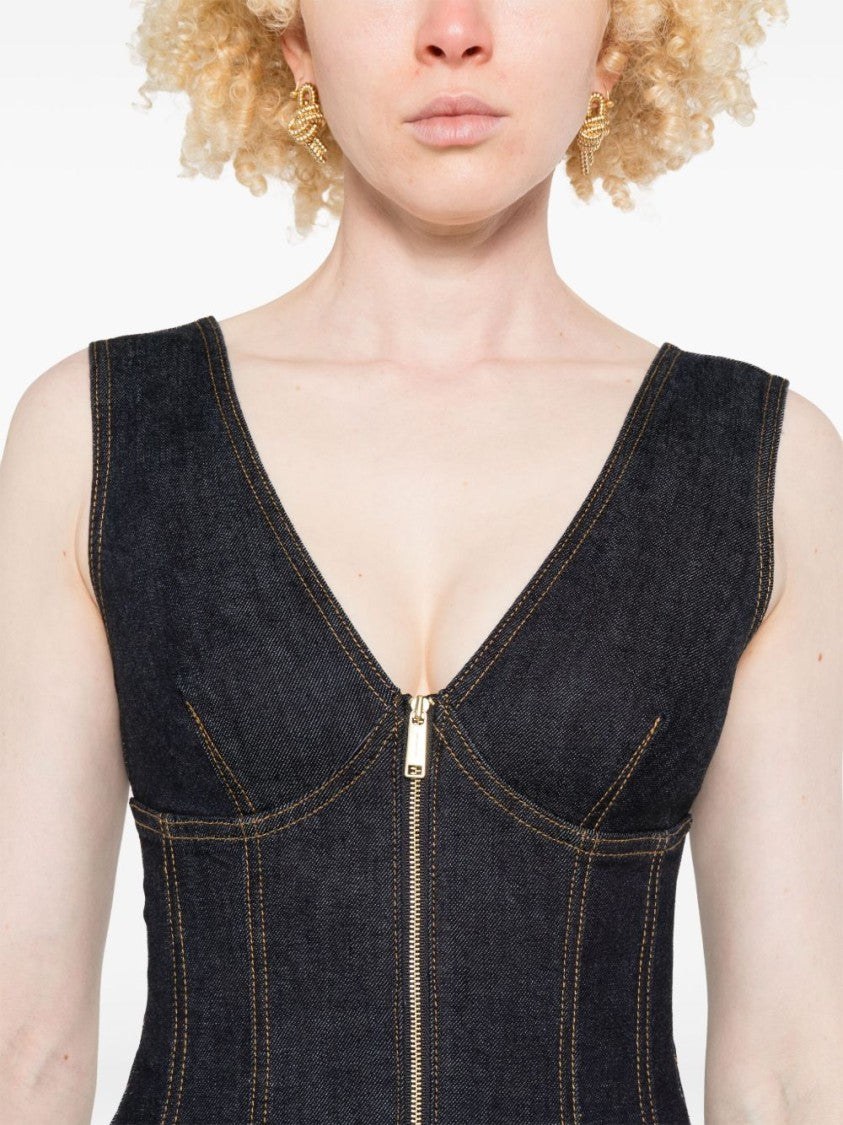 Self-Portrait Dark Denim Mini Dress With Deep V-Neckline