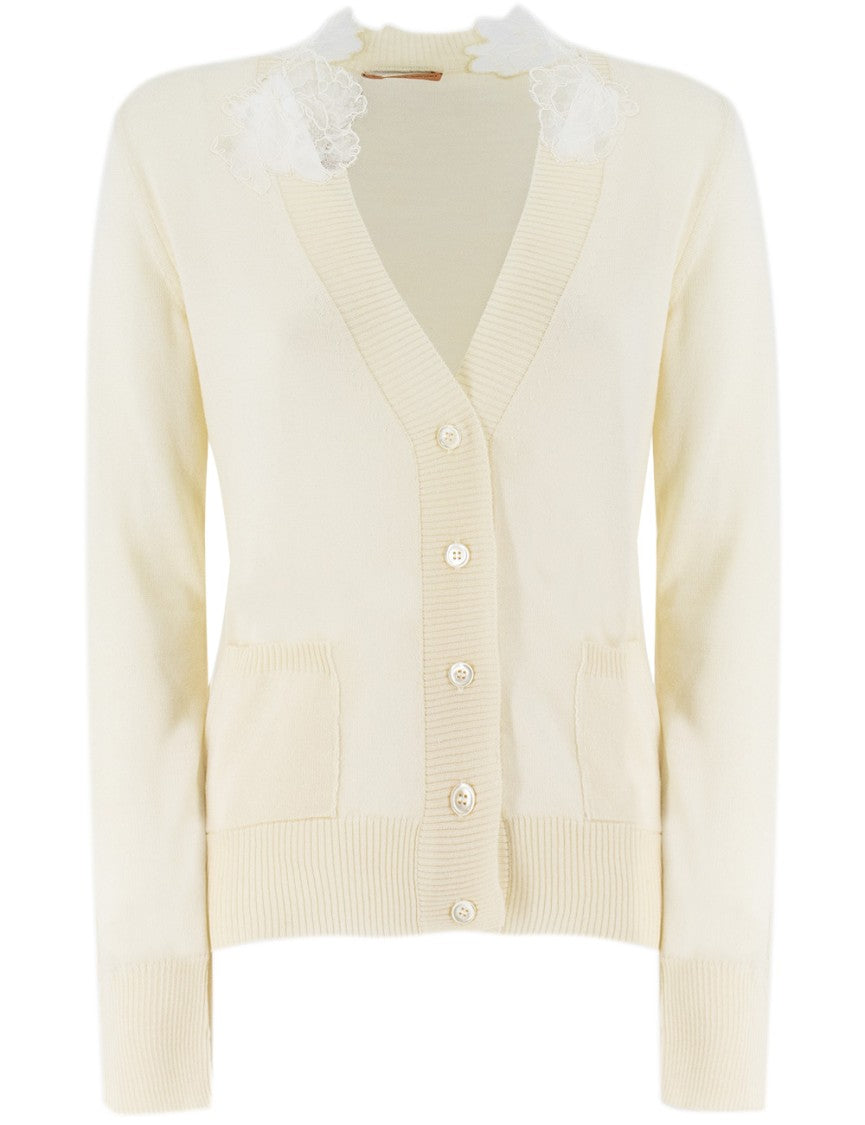 Ermanno Scervino Snow White Cardigan With Lace Applique