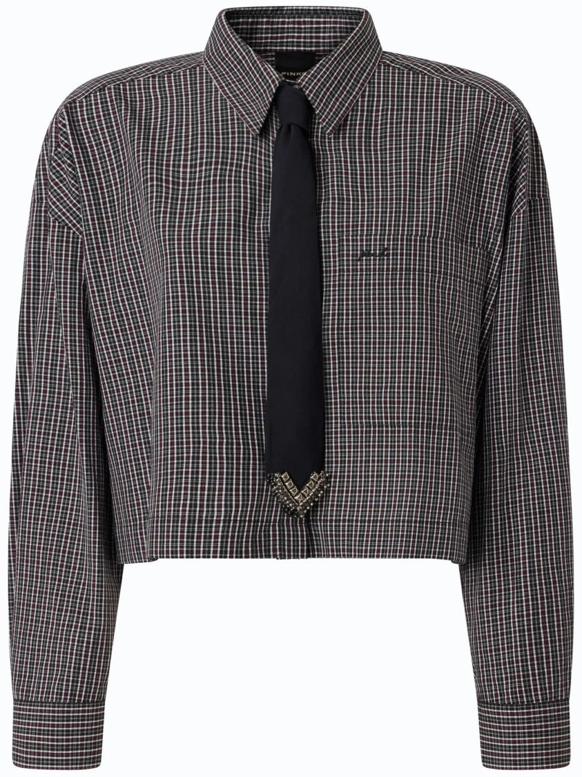 Pinko Cropped Checkered Shirt With Classic Collar And Decorative Tie