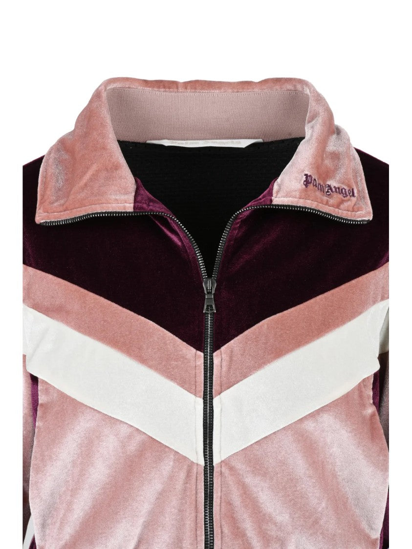 Palm Angels Cropped Velvet Sweatshirt With Chevron Pattern And Zip-Up Front