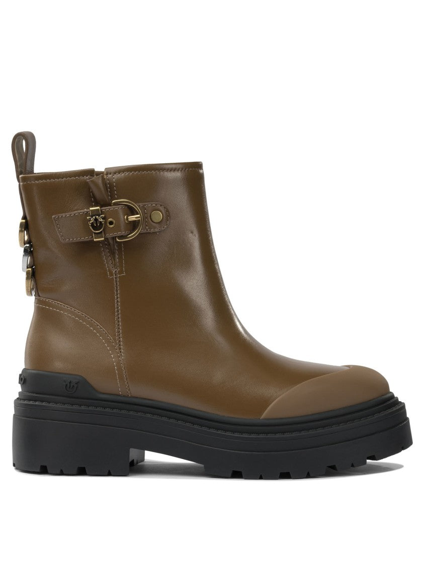Pinko Brown Calf Leather Ankle Boots
