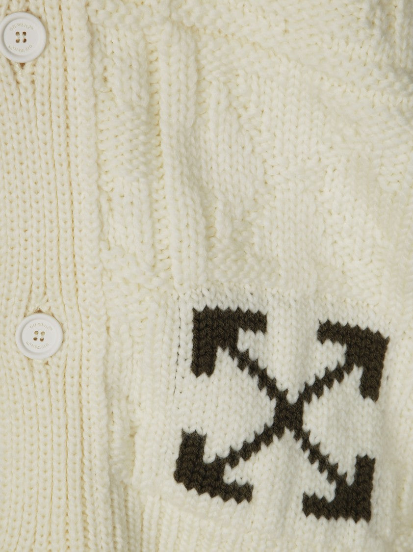 Off-White Textured Knitted Cardigan With V-Neck And Arrow Motif
