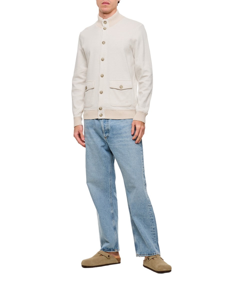Fay Buttoned Beige Bomber Jacket With Ribbed Details