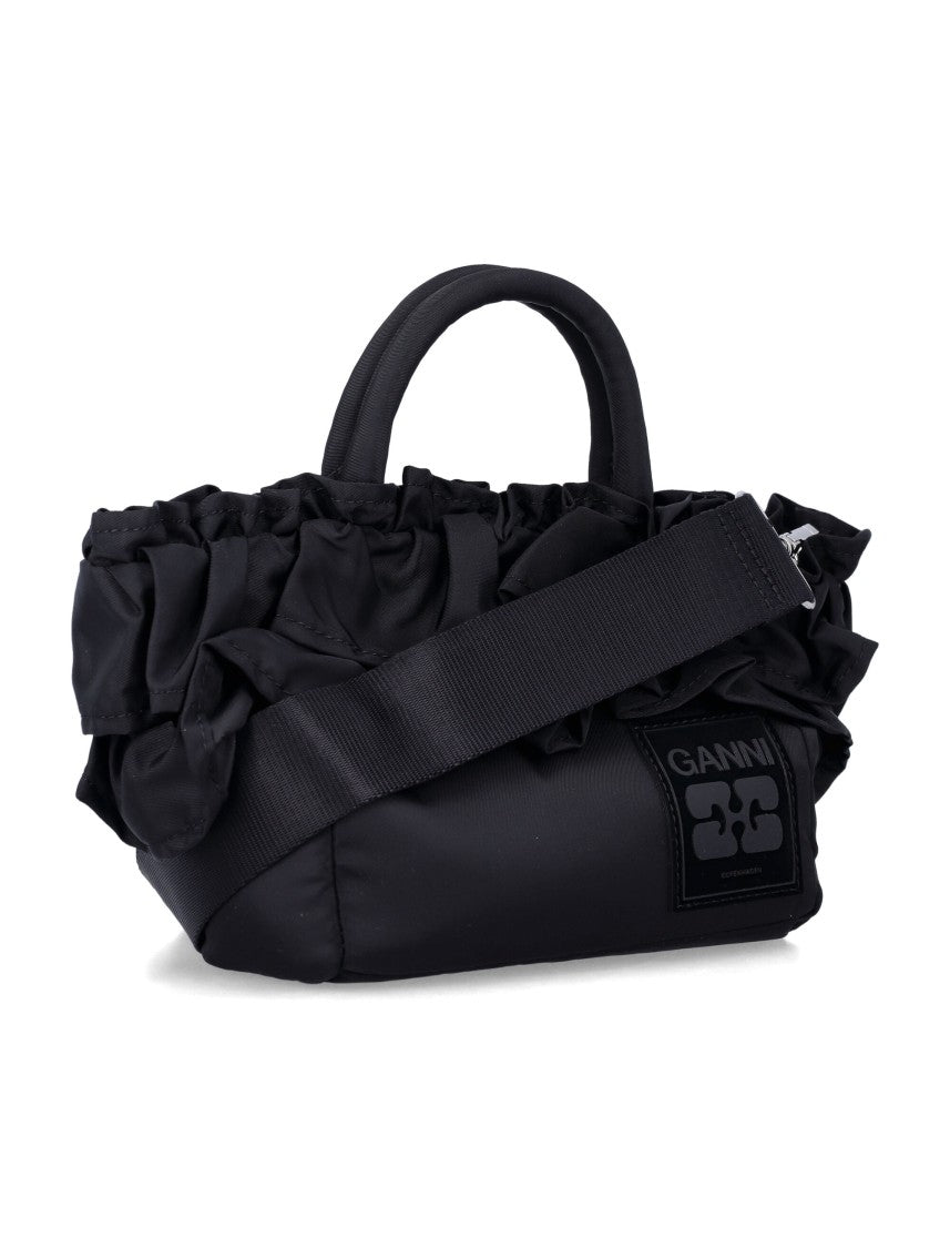 Ganni Black Nylon Ruffled Top Handle Bag