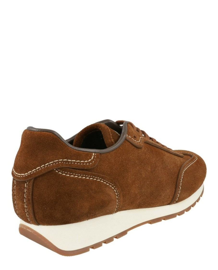 Brioni Brown Suede Runner Sneakers With Lace-Up Closure And Contrast Stitching