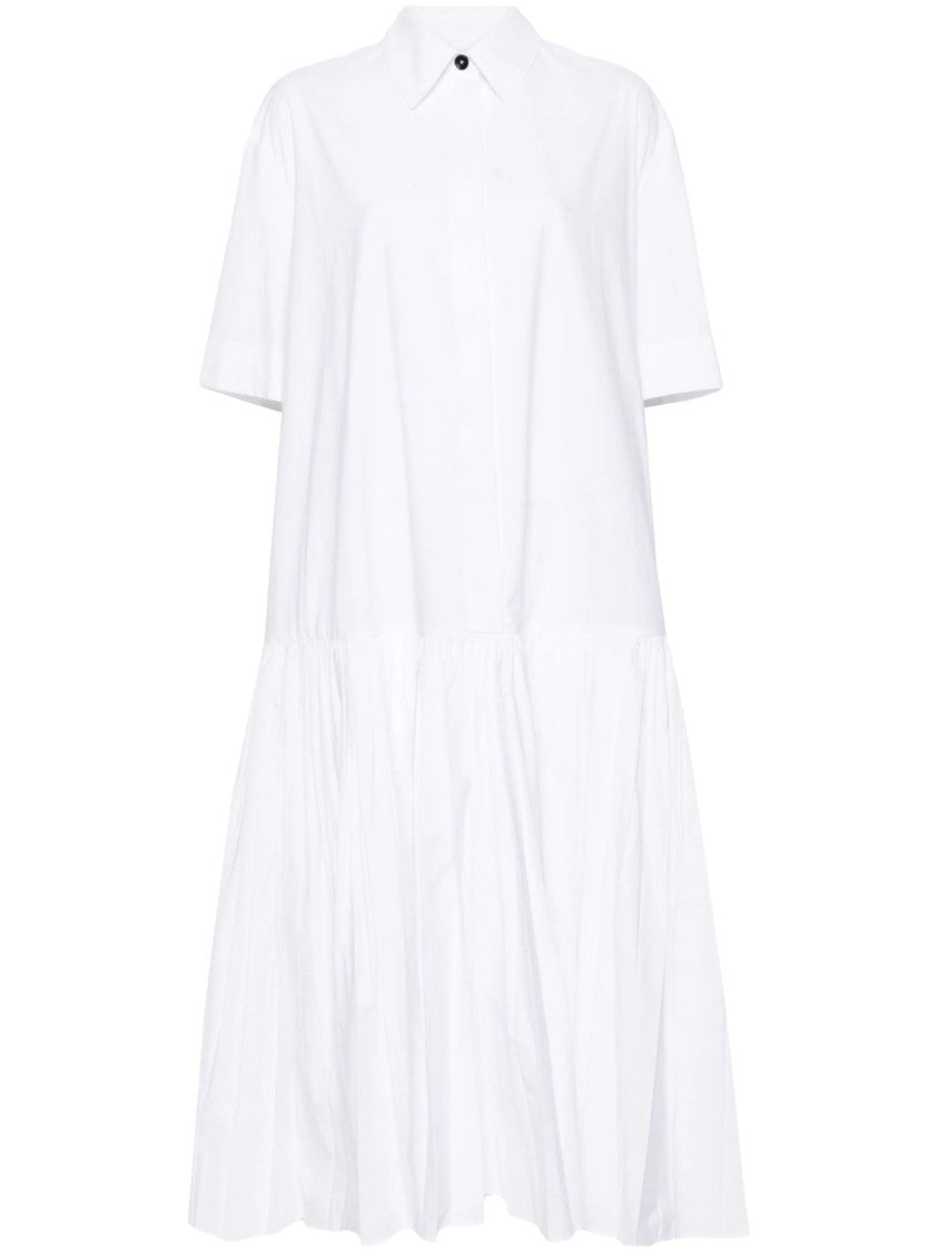 Jil Sander Crisp Cotton Midi Dress With Structured Silhouette And Gathered Skirt