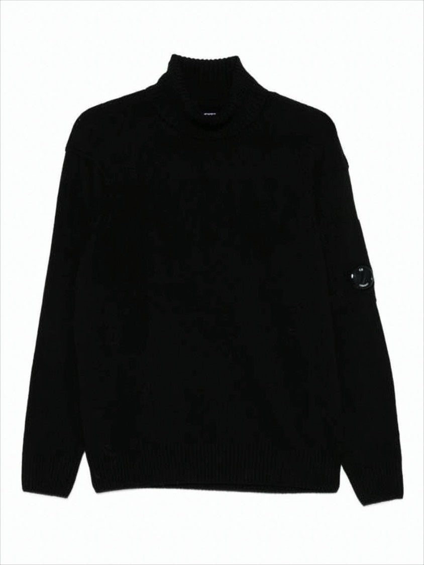 C.P. Company Ribbed High-Neck Black Sweater With Logo Patch