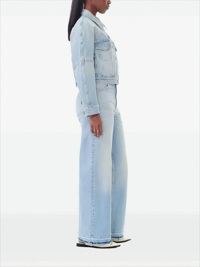 Ganni Light Wash Cropped Denim Jacket With Gathered Hem And Flap Pockets