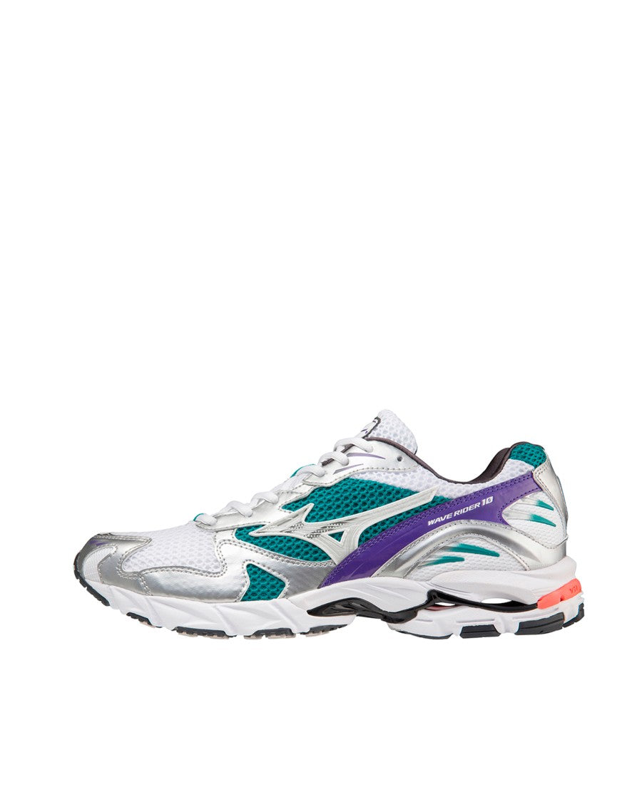 Mizuno Wave Rider 10 White Silver Teal Blue Sneakers