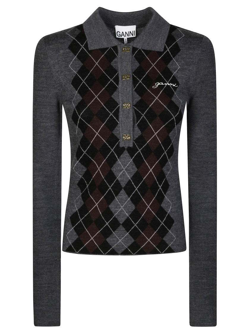 Ganni Fine Merino Jacquard Polo With Classic Collar