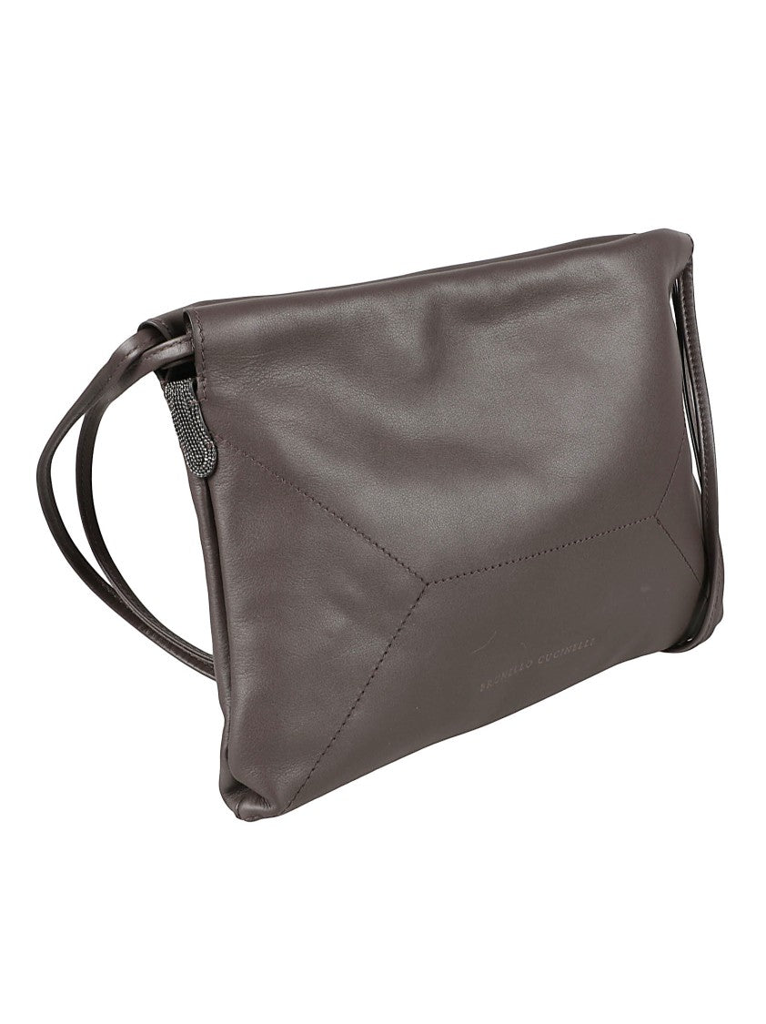 Brunello Cucinelli Rectangular Brown Leather Bag With Geometric Stitching