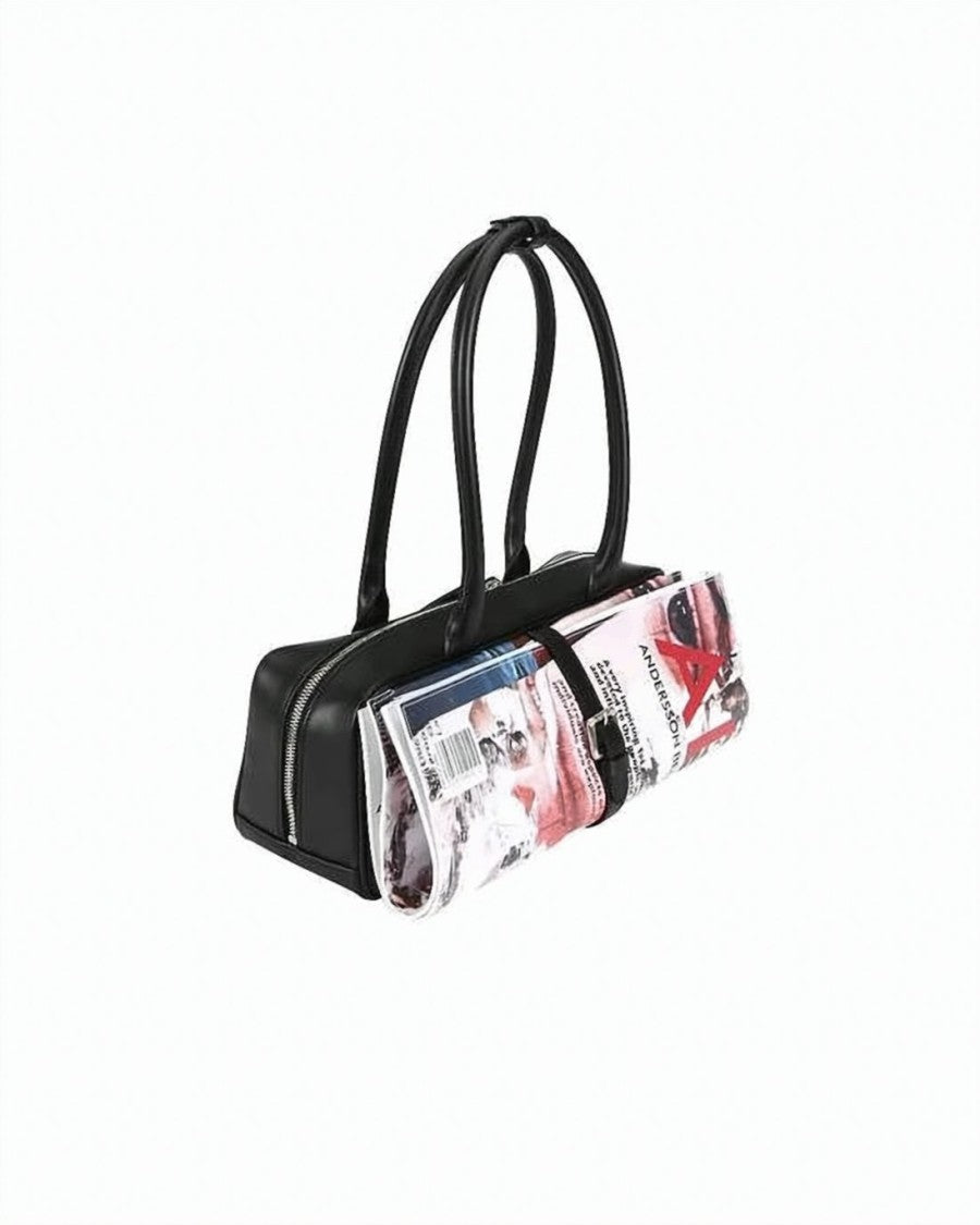 Andersson Bell Rectangular Black Shoulder Bag With Abstract Fold-Over Flap