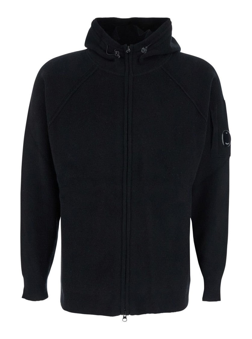 C.P. Company Full-Zip Hooded Sweatshirt In Black Wool-Polyamide Blend