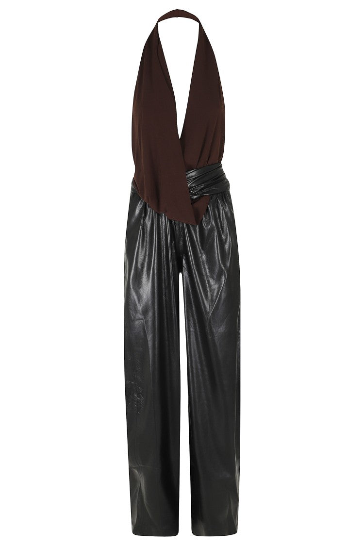 The Andamane Brown Astral Draped Waist Vegan Leather Jumpsuit