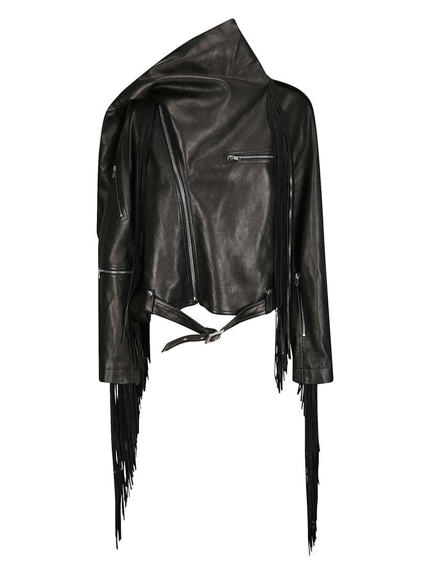Rick Owens Fringed Leather Biker Jacket With Contrast Zip Closure