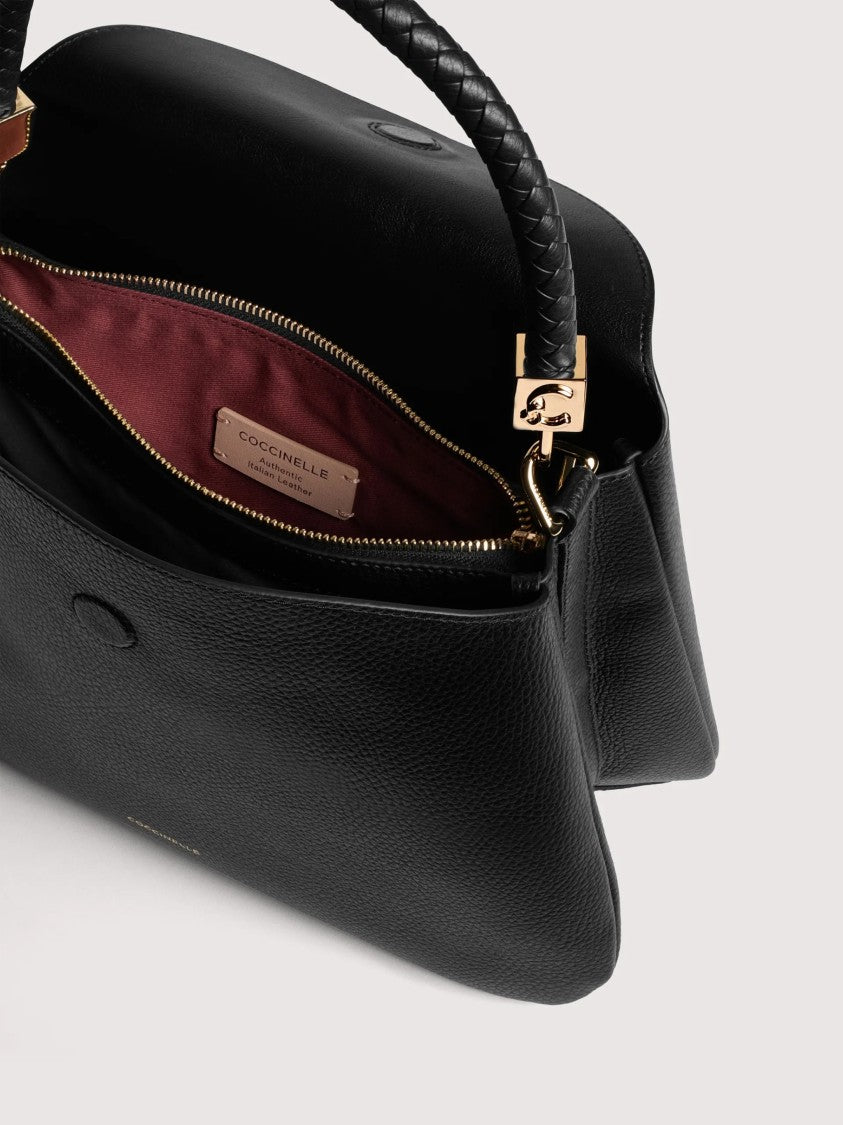 Coccinelle Structured Black Leather Handbag With Braided Top Handle