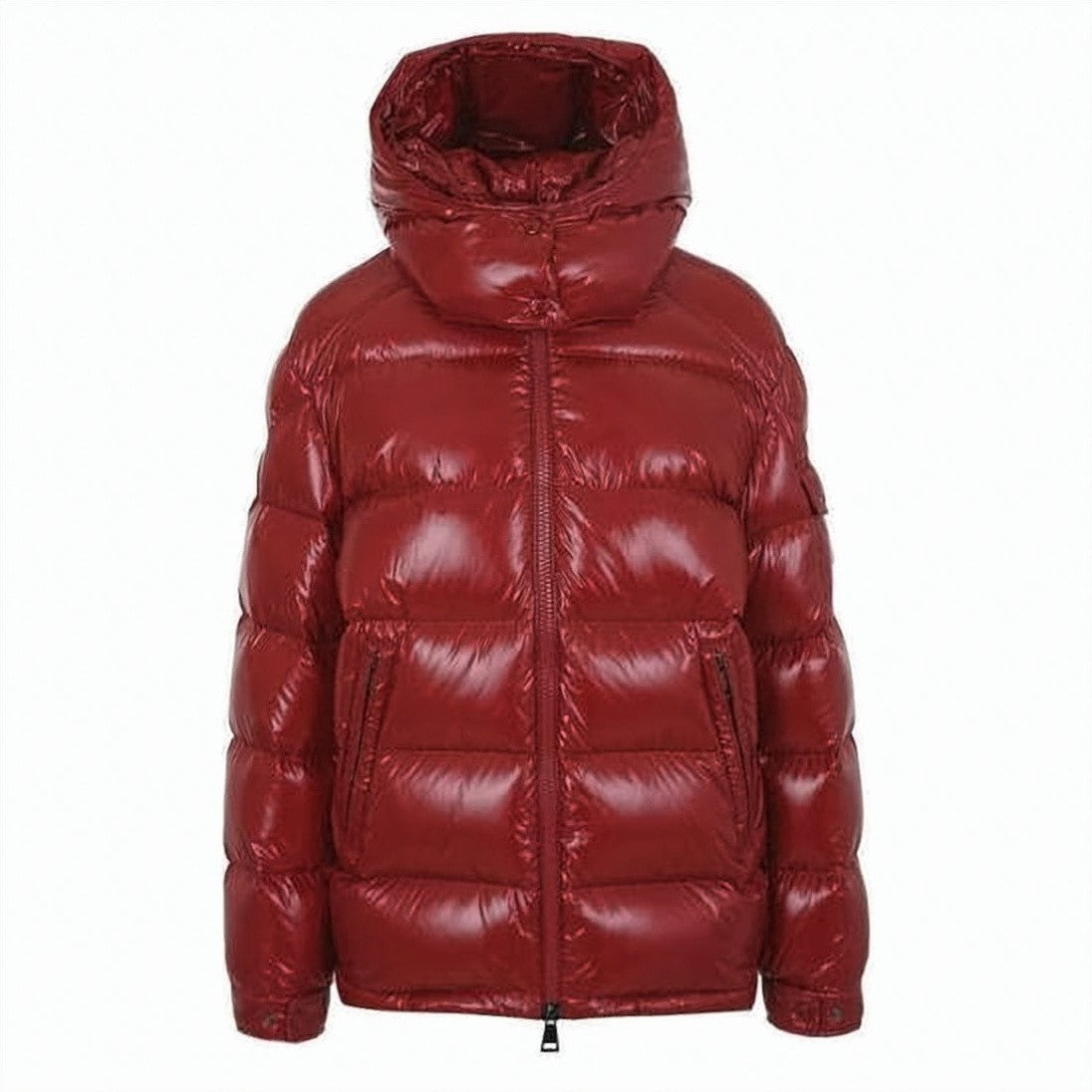 Moncler Glossy Red Short Puffer Jacket With Horizontal Quilted Padding