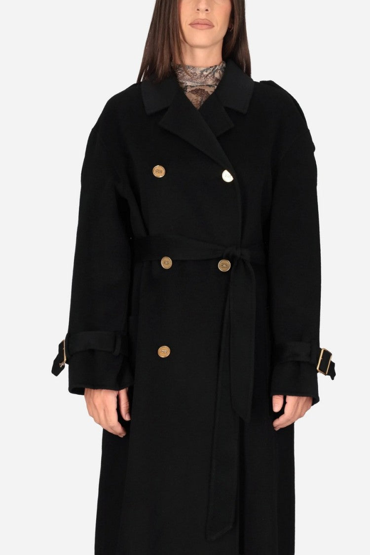 Elisabetta Franchi Black Double-Breasted Belted Wool Trench Coat