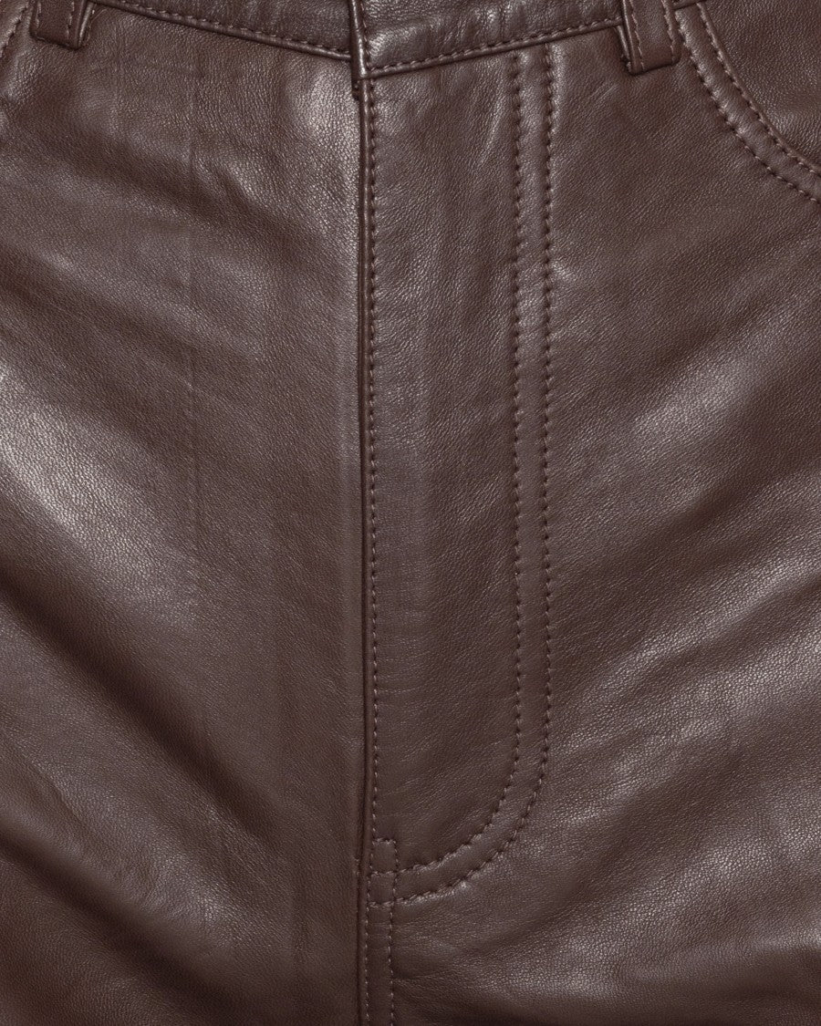 Rotate Brown High-Waisted Lambskin Leather Straight-Leg Pants