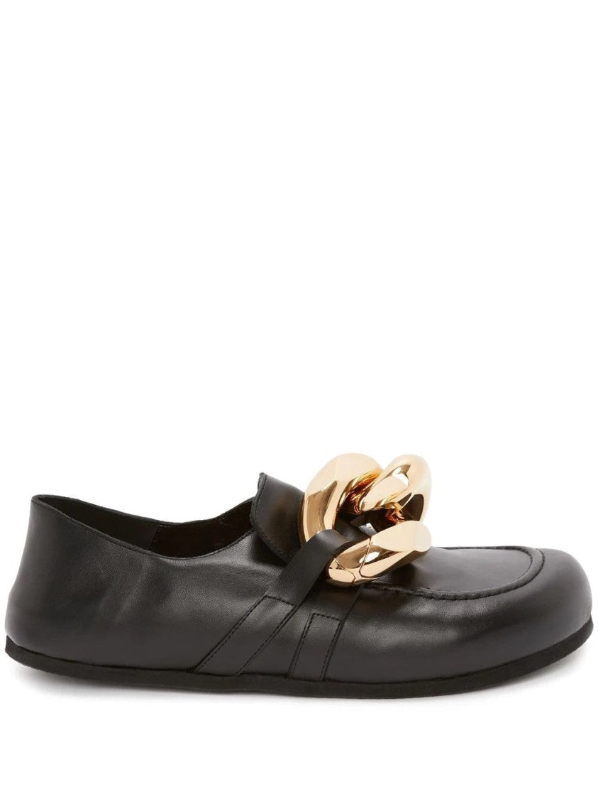 J. W. Anderson Black Leather Loafers With Oversized Gold Chain Detail