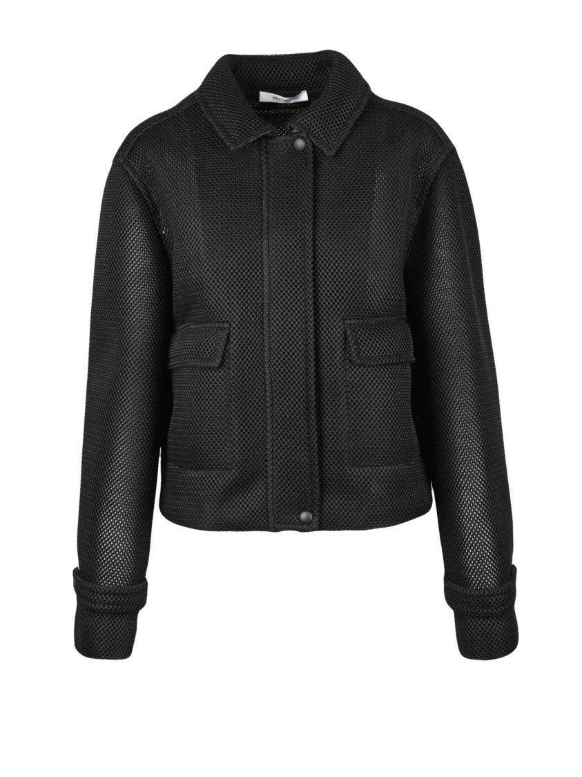 Max Mara Cropped Black Coat With Textured Mesh Fabric And Practical Features