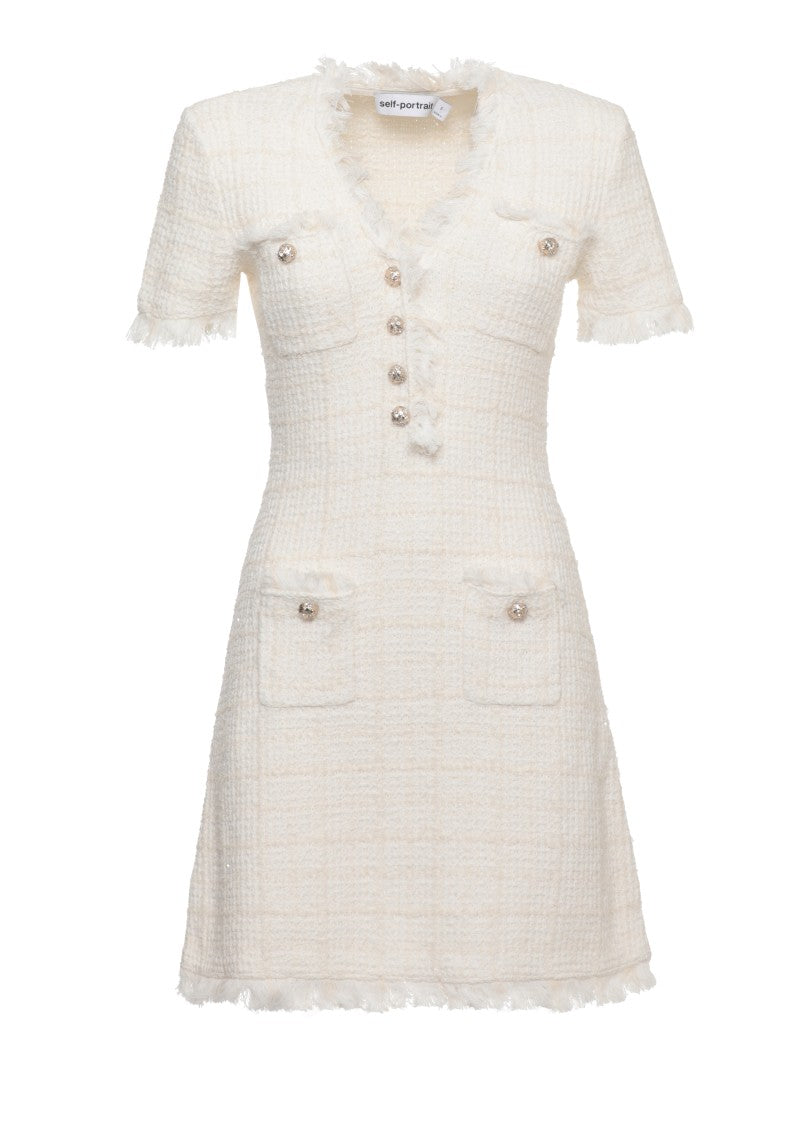 Self-Portrait Ivory Midi Dress With Fringed V-Neck And Jewel Details