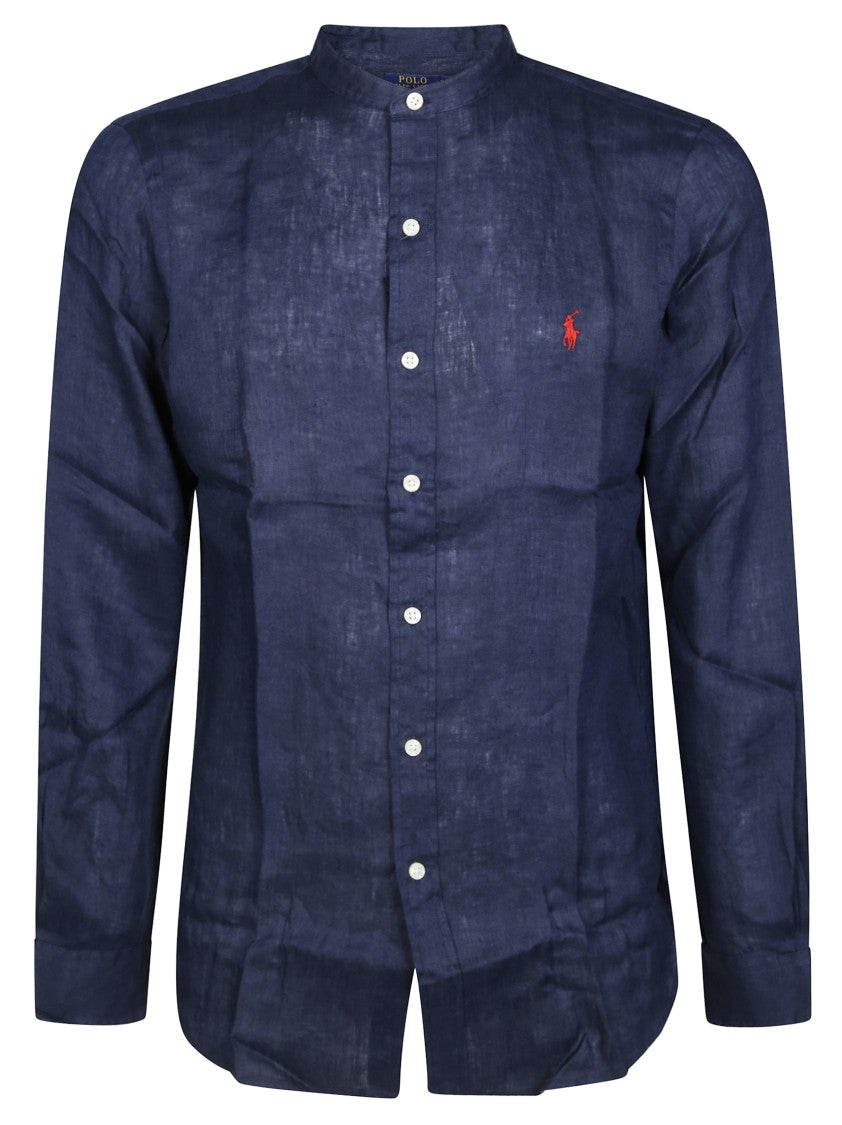 Polo Ralph Lauren Solid Blue Shirt With Mandarin Collar