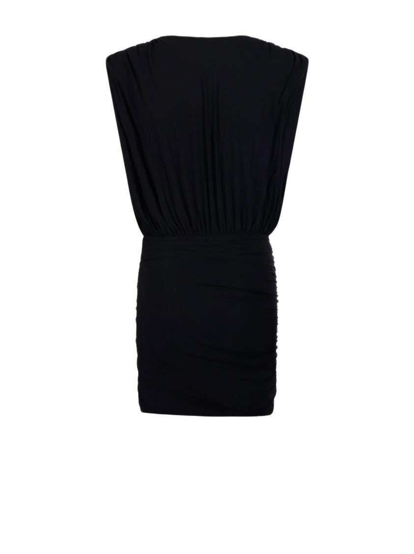 Amazuin Draped Black Mini Dress With Gathered Shoulders And Asymmetrical Hem