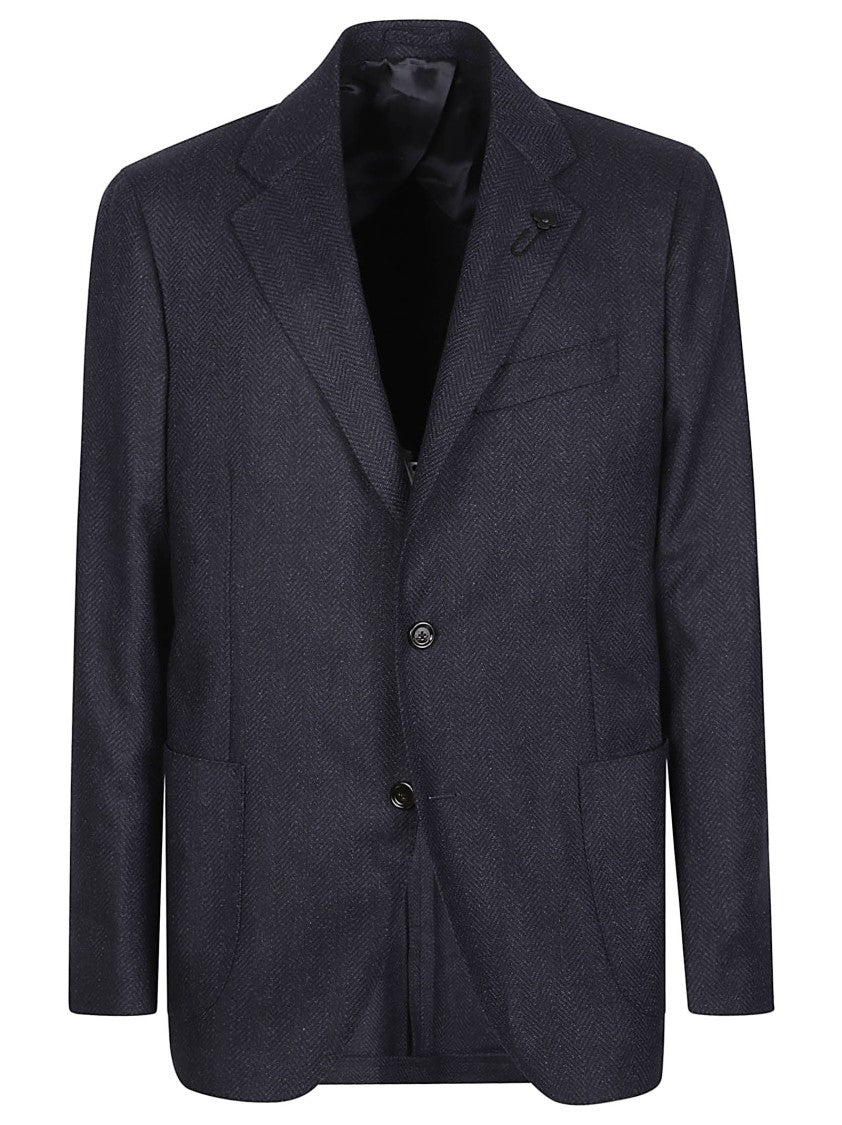 Lardini Blue Iconic Herringbone Virgin Wool-Cashmere Blazer