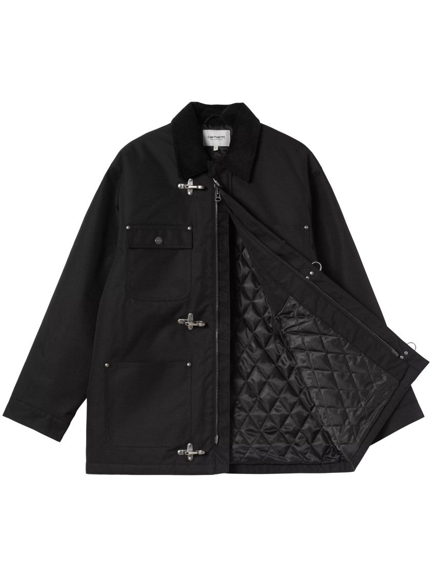 Carhartt Wip Boxy Black Nylon Canvas Coat With Corduroy Collar