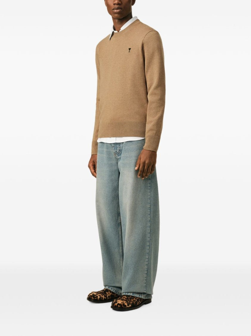 Ami Paris Crew Neck Sweater With Ribbed Details And Emblem