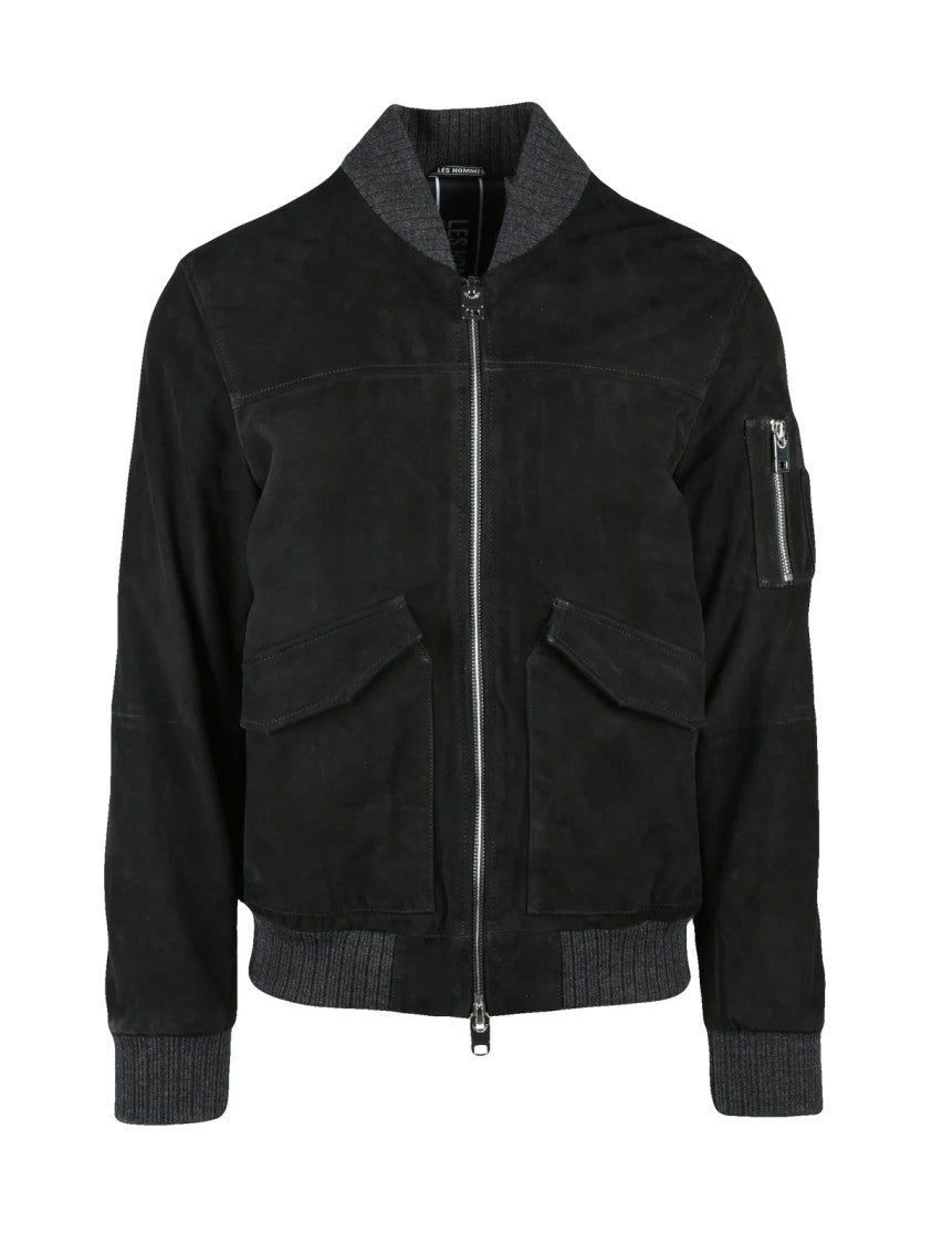 Les Hommes Black Goat Suede Bomber Jacket With Iconic Design Elements