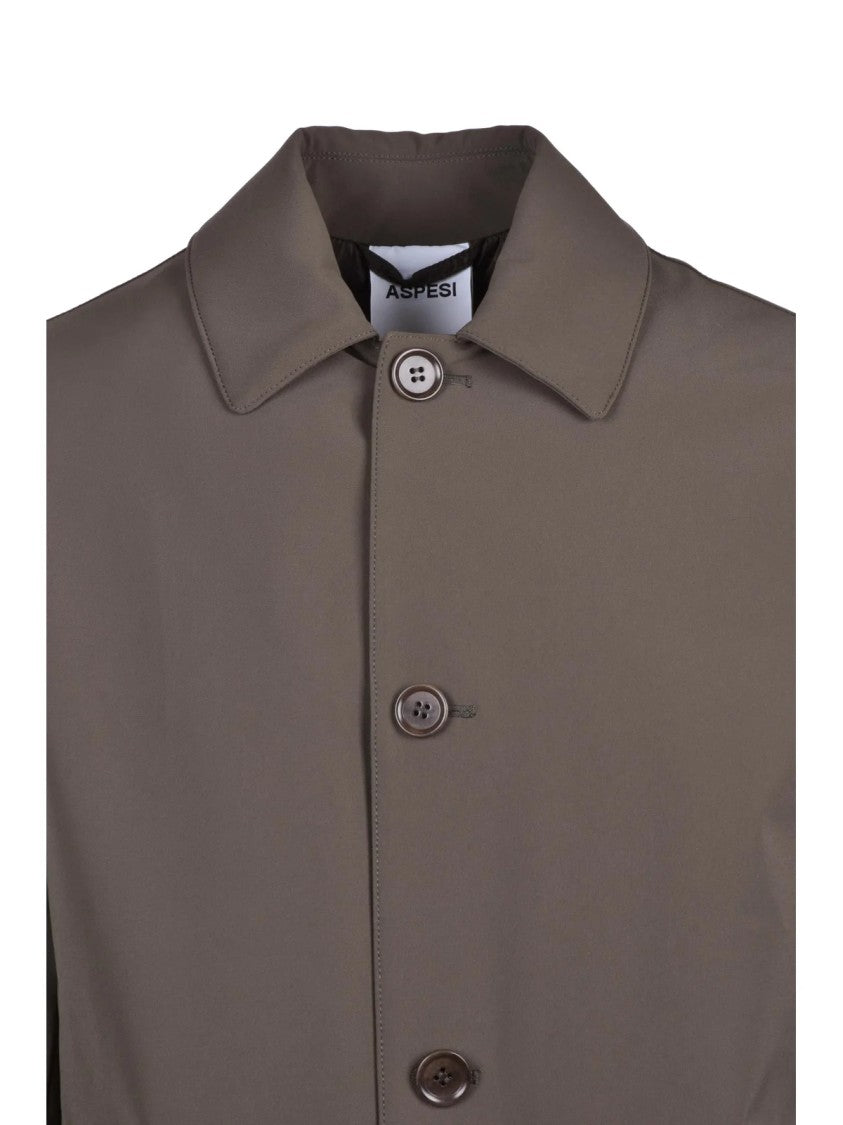 Aspesi Mid-Length Sage Green Raincoat With Buttoned Cuffs And Quilted Interior