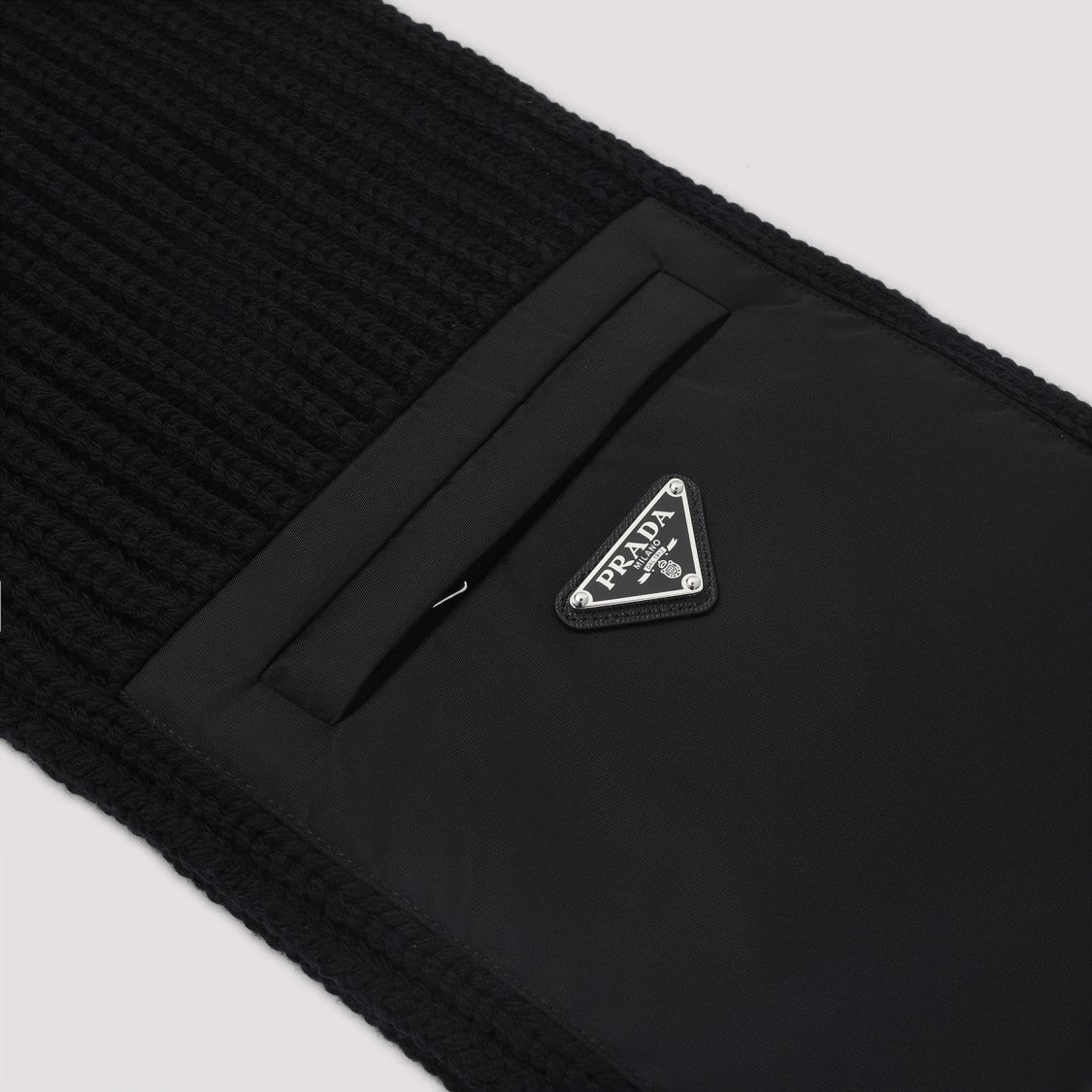 Prada Textured Knit Black Wool-Cashmere Scarf With Logo Pocket