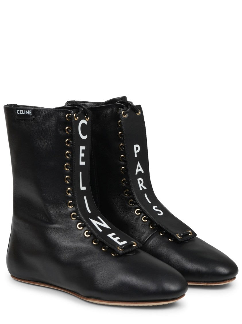 Celine Logo Flap Overlay Lambskin Ankle Boots