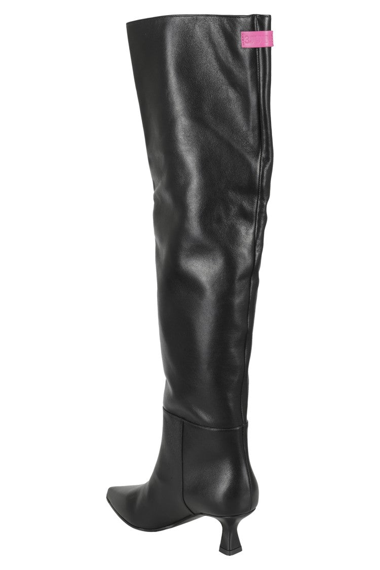3Juin Knee-High Black Leather Boot With Fuchsia Accents