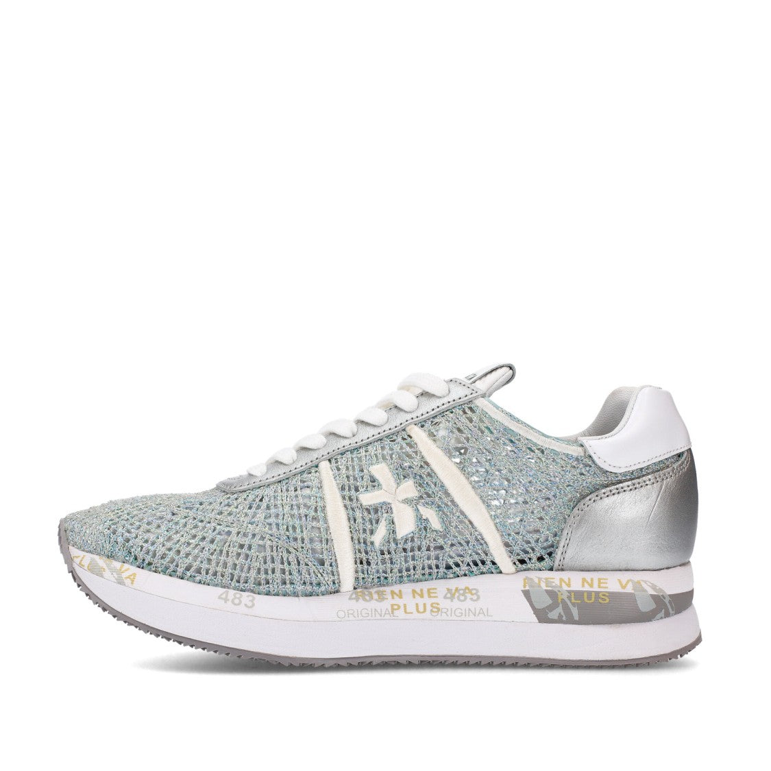 Premiata Light Blue Gray Crochet Fabric Conny Sneakers