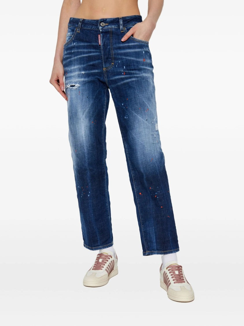 Dsquared2 Boston Mid-Rise Blue Splatter Denim Jeans