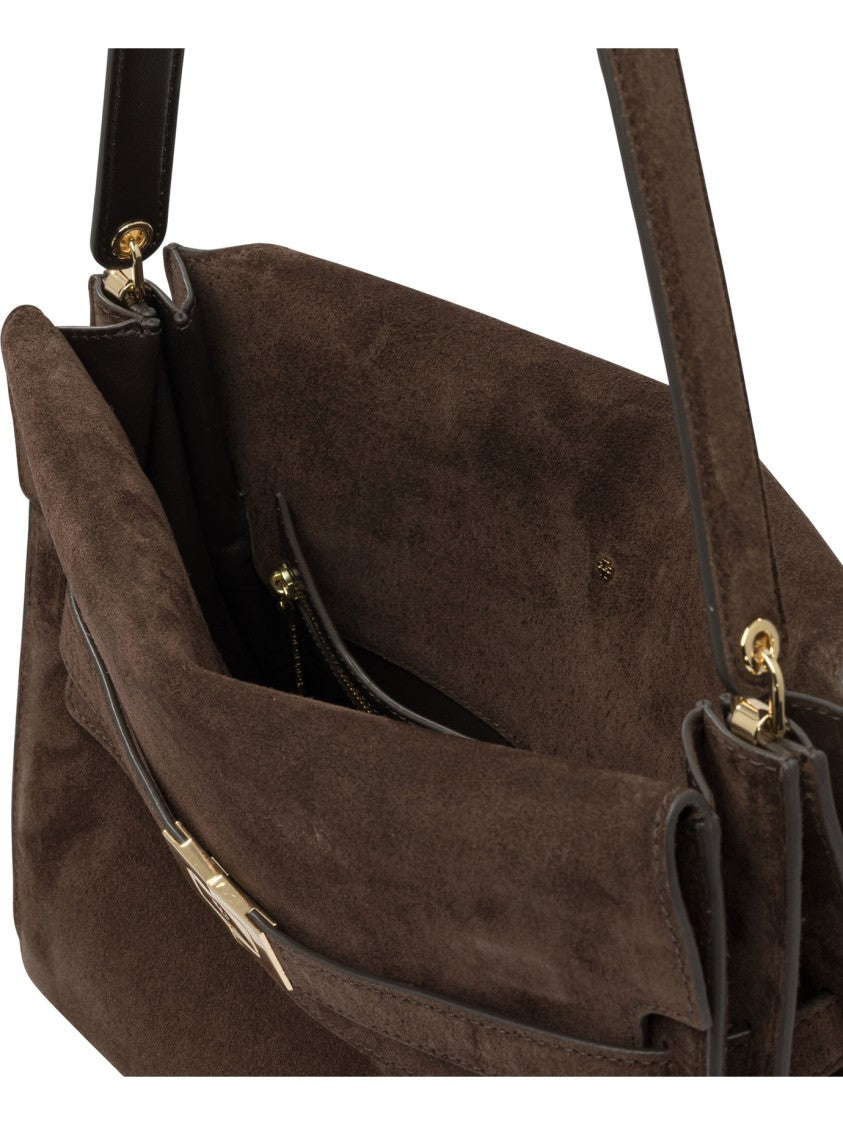 Tory Burch Structured Brown Suede Shoulder Bag