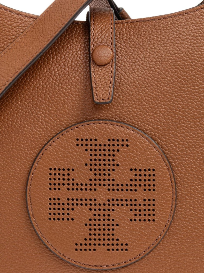 Tory Burch Structured Medium Brown Pebbled Leather Bag With Logo Detail